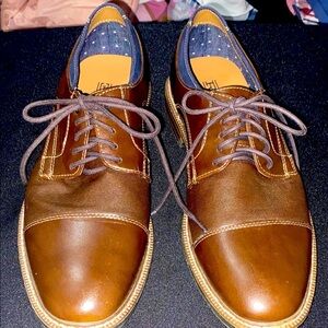 RYE BY HAWKER RYE MENS 9.5 LACE UP DRESS CASUAL SHOES BROWN Navy‎ accent   CLEAN